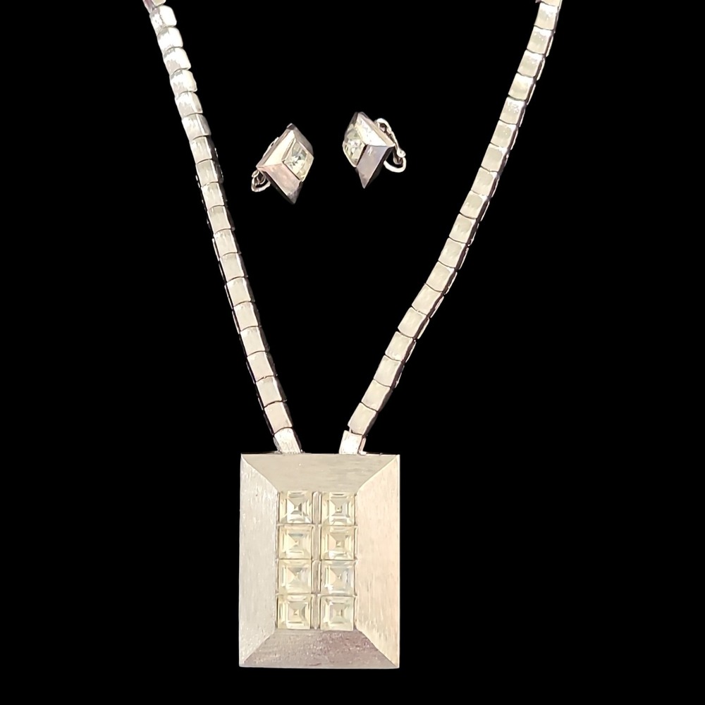 Vintage Signed Eisenberg Brushed Silver Geometric Necklace Earrings Set MCM